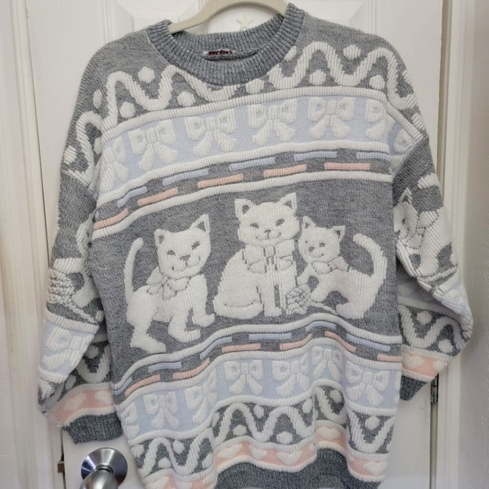 Vintage Grey Pastel Pink Blue Cat Sweater XL